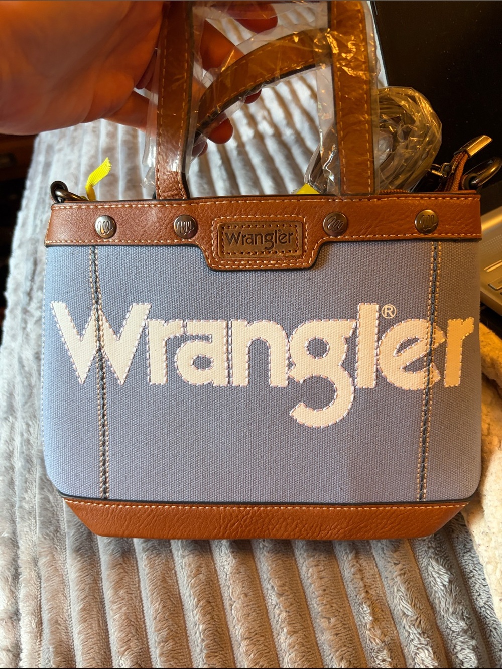 Wrangler Blue Tote with Brown Trim and White Logo
